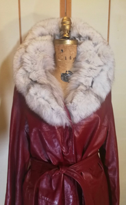 70s Deep Red Leather Trench Coat with Fox Fur Collar Spy Rain Coat L/XL Hippy Boho