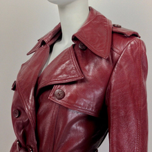 Load image into Gallery viewer, 70s Leather Trench Spy Coat Burgundy Maroon Oxblood Detailed Insulated S/M Sears