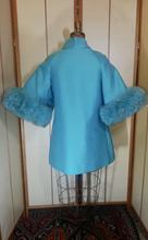 Load image into Gallery viewer, 60s Mod Lilli Ann Cape Flare Bell Sleeve Turquoise Dyed Blue Aqua Norwegian Fox Fur Rhinestone Short Dress Coat Made Men Jackie Kennedy