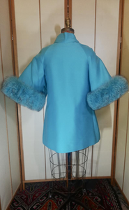 60s Mod Lilli Ann Cape Flare Bell Sleeve Turquoise Dyed Blue Aqua Norwegian Fox Fur Rhinestone Short Dress Coat Made Men Jackie Kennedy