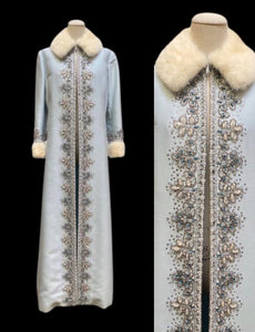 60’s “Jackie Kennedy Style” Full length Opera Gown Coat in Light Blue Hand Beaded Crystal and Ermine Mink Trim