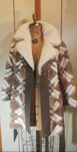 Load image into Gallery viewer, 60s Geometric Mink Leather Coat --Mod Mosaic Mink White and Brown Patchwork ColorBlock Coat S/M