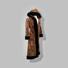 Load image into Gallery viewer, 60’s 70’s Vintage Carpet Coat Needlepoint Hooded Sherpa Trim Fit and Flare