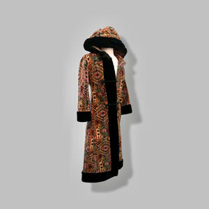 60’s 70’s Vintage Carpet Coat Needlepoint Hooded Sherpa Trim Fit and Flare