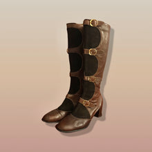 Load image into Gallery viewer, 60’s 70’s Suede and Leather Gladiator Boots with Gold Buckle Hardware Rare Size 7-8.5