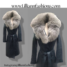 Load image into Gallery viewer, 70’s Spy Trench Leather Coat with Removable Shearling Collar Dark Blue