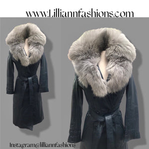 70’s Spy Trench Leather Coat with Removable Shearling Collar Dark Blue