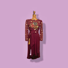 Load image into Gallery viewer, 70’s 80’s Vintage Bergundy Purple Chiffon High Low Floral Dress Tassle Extra Belt