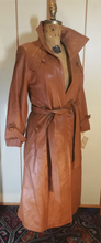 Load image into Gallery viewer, Deadstock with Tags New 70s Caramel Mocha Leather Trench Coat Spy Fit and Flare Princess Boho Chic S/M