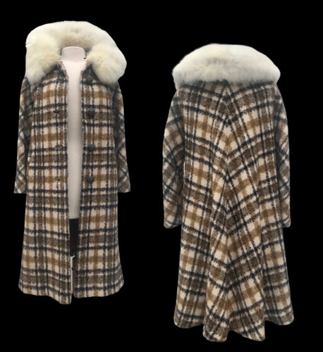 60’s Vintage Coat Wool Fox Fur Green Yellow Beige Swing Plaid