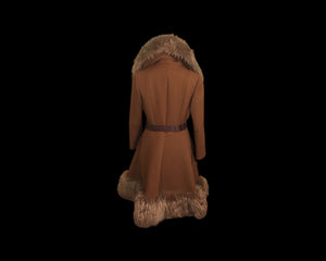 60’s Caramel Lilli Ann Shearling Fit and Flare Princess Coat with Belt Clutch Purse Set Beaded