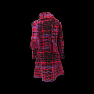 60’s Coat Pink Purple Red Plaid Thick Woven Wool Attached Scarf