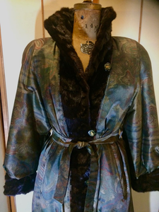 80s 90s' Glam Penny Lane Hippy Brand New Reversible Long Mink Satin Trench Coat Rain Spy Size Versatile, S/M/L