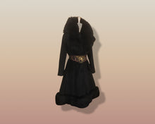 Load image into Gallery viewer, 60’s Black Coat Vintage Lilli Ann Fit and Flare Shearling Pinup Princess Beaded Belt