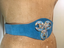 Load image into Gallery viewer, Turquoise Blue Suede Henryks Bijoux Made in Austria Cinch Belt 80s 90s Art Deco Style Jeweled Couture Crystals  Up to 28&quot;