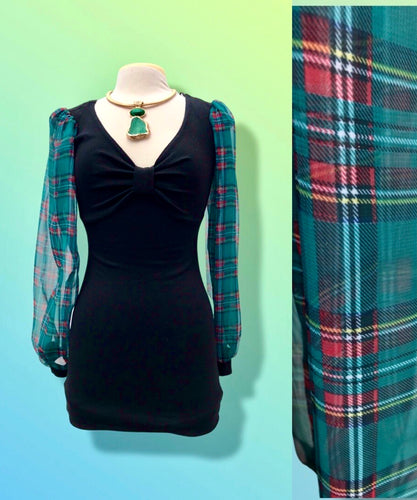 80’s 90’s Stretch Deadstock Mini Dress with Sheer Chiffon Plaid Sleeves