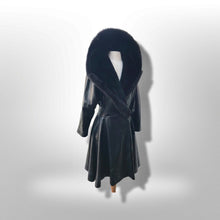 Load image into Gallery viewer, Black Lamb Leather Princess Coat Couture Made in France Massive Shearling Fox Collar