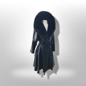 Black Lamb Leather Princess Coat Couture Made in France Massive Shearling Fox Collar