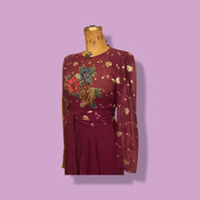 Load image into Gallery viewer, 70’s 80’s Vintage Bergundy Purple Chiffon High Low Floral Dress Tassle Extra Belt
