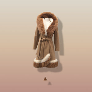 60’s Vintage Camel Coat  with Fur Trim Vicuna-Printed Fit Flare Wrap Style Wool Cashmere Blend