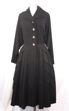 Load image into Gallery viewer, Black Wool Princess Fit and Flare 1940s 1950s Fit and Flare Coat Dress Post World War II Medium Rhinestone Crystal Button New Look reserved for Elizabeth