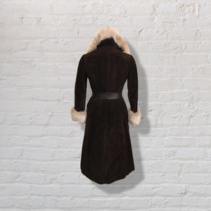 70’s Vintage Mahogany Suede Fox Fur Tuxedo Coat