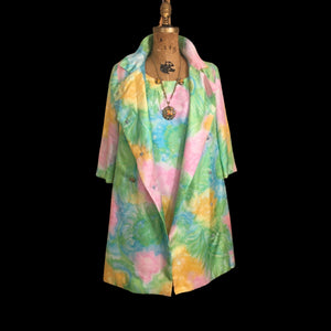 60’s Shift Dress and Coat Set by I. Magnin Pastel Floral Pink Blue Crystal Buttons