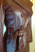 Load image into Gallery viewer, 70s Leather Trench Burgundy Brown Spy Double Breasted Zip In Warmth Liner Fit and Flare