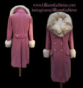 Pink Mauve Fox fur Trim 60s Coat