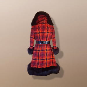 60’s Scottish Knit Plaid Red LIlli Ann Coat with Fox Fur Trim