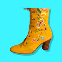 Load image into Gallery viewer, Iconic 70’s Mustard Yellow Suede Floral Embroidered Boots size 7 Wooden Heel