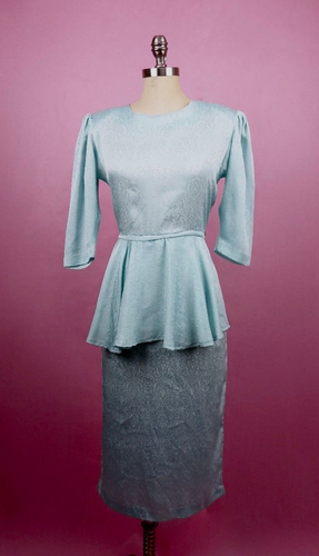 40s Peplum Wiggle Dress Silk Film Noir Wartime Mint Light Blue Flounce Dress M, L,