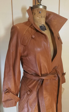 Load image into Gallery viewer, Deadstock with Tags New 70s Caramel Mocha Leather Trench Coat Spy Fit and Flare Princess Boho Chic S/M