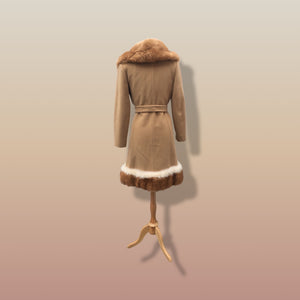 60’s Vintage Camel Coat  with Fur Trim Vicuna-Printed Fit Flare Wrap Style Wool Cashmere Blend