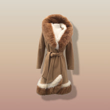 Load image into Gallery viewer, 60’s Vintage Camel Coat  with Fur Trim Vicuna-Printed Fit Flare Wrap Style Wool Cashmere Blend