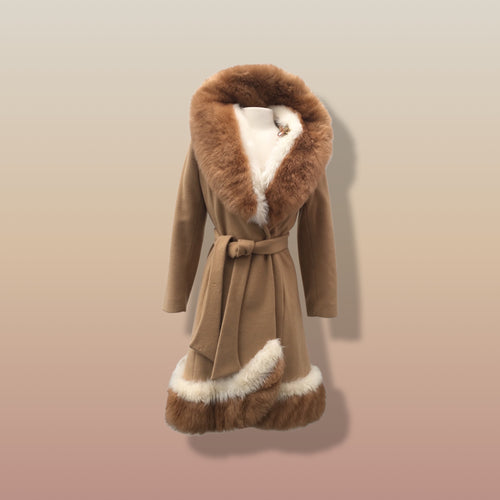 60’s Vintage Camel Coat  with Fur Trim Vicuna-Printed Fit Flare Wrap Style Wool Cashmere Blend