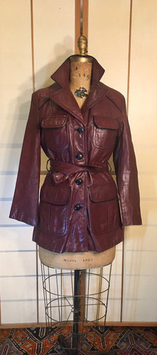 70s Leather Maroon Burgundy Short Trench Black Piping Coat Jacket