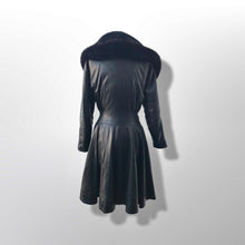 Load image into Gallery viewer, Black Lamb Leather Princess Coat Couture Made in France Massive Shearling Fox Collar