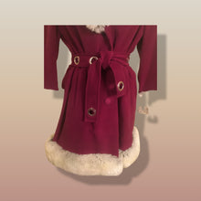 Load image into Gallery viewer, 60s Wine Cranberry Coat in Velveteen and Shearling with Grommet Belt