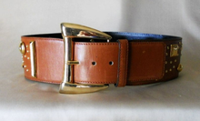 Load image into Gallery viewer, 80s Brown Studded ESCADA BELT Gorgeous Tan Color Golden Studded VTG 80s W Germany_Fits 26 - 27.5&quot;