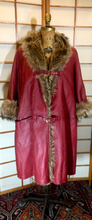 Load image into Gallery viewer, 60s 70s Red Leather Fur Trim Bonnie Cashin Saks Fifth Ave Hardware Buckle Large Extra Large Trench Coat Swing Plus Size Oversized