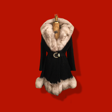 Load image into Gallery viewer, 60’s Vintage Black Karakul Persian Lamb and Silver Fox Fur Princess Coat Fit Flare Swarovski Crystal Belt