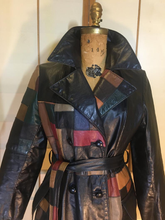 Load image into Gallery viewer, 70s Leather Coat l Patchwork Fit Flare S/M Trench Spy Boho Chic Mosaic