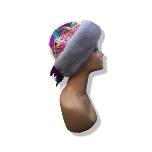 Himalayan Hat Sapphire Mink in raw silk Pink Blue Embroidered Gift Fall Winter