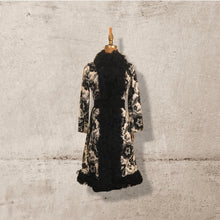 Load image into Gallery viewer, 60’s 70’s Tapestry Carpet Floral Mongolian Curly Lamb Black and White Coat Deadstock New With Tags Princess Afghan