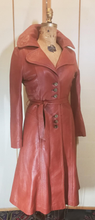 Load image into Gallery viewer, Rust Orange Cognac Color Soft Kid Leather Princess Fit and Flare Trench Spy Coat Wide Collar Classic 70s Small Petite