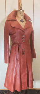 Rust Orange Cognac Color Soft Kid Leather Princess Fit and Flare Trench Spy Coat Wide Collar Classic 70s Small Petite