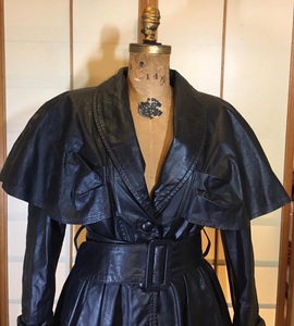 Vintage Coat-70s 80s Black Leather Dress Studio 54 Goth SteamPUNK Belted Pinup Coat Jacket Fit Flare Skirt Fit Flare Princess S M Trench Spy