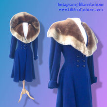 Load image into Gallery viewer, 40’s Vintage Cobalt Blue Fit Flare “New Look” Princess Full Skirt Coat with Massive Shearling Mouton Ombré Collar