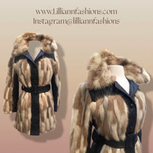 Load image into Gallery viewer, Mosaic mink and Leather in Cappuccino Cream and Chocolate Belted Patchwork Vintage 60’s Coat Jacket
